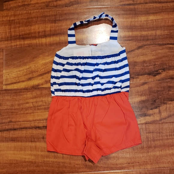 Janie and Jack NWT 12-18 months blue/white/orange romper, matching sunhat - Picture 5 of 8